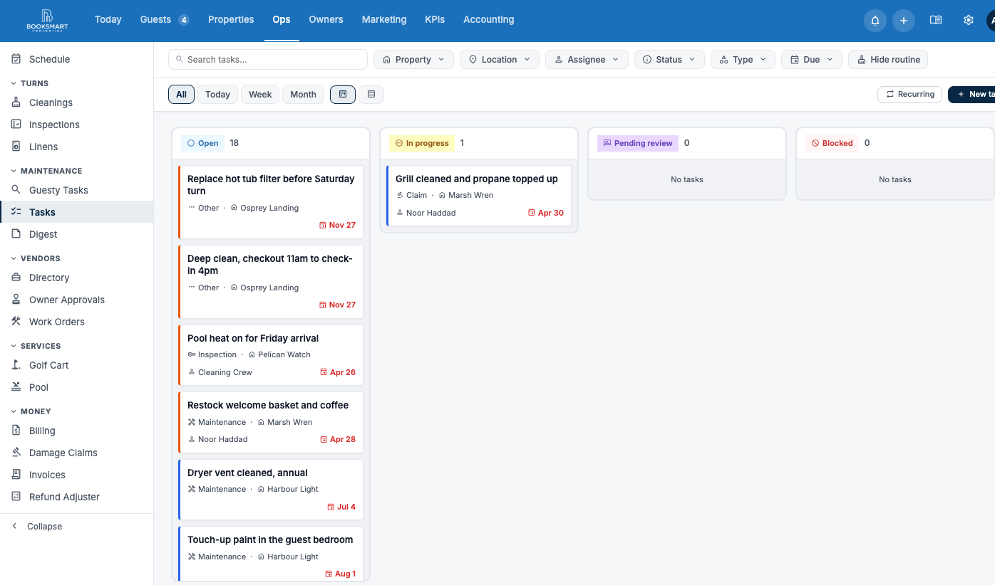 The TurnSmart tasks board, showing open and in-progress work by property
